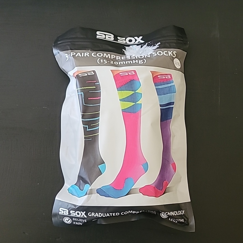 NEW SB Sox 3-Pair Compression Socks - Black, Purple, Pink L -XL Unisex